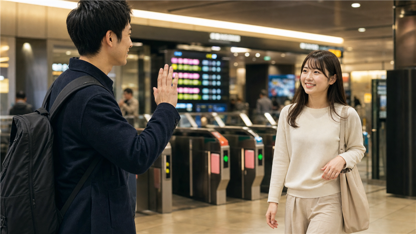 セックスアプリで出会った相手と駅の改札前で待ち合わせる場面